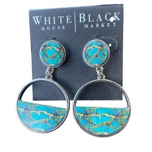 White House Black Market Stud Earrings Silver Tone Blue & Gold Dangles NWT
